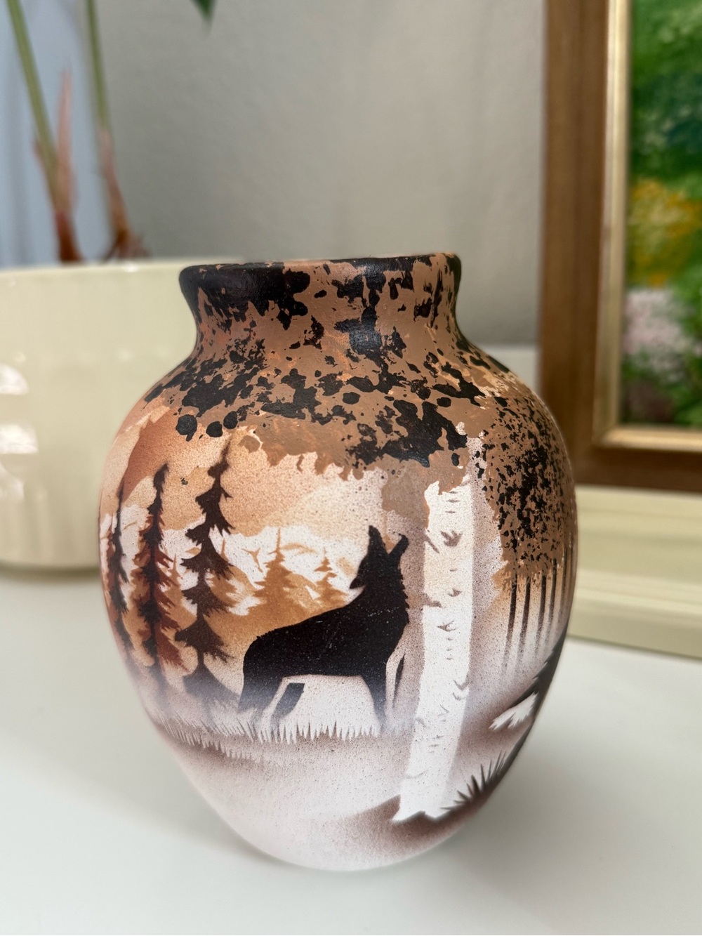 Signed James Benally Navajo Hand-Painted Ceramic Wolf Vase in Shades of Brown